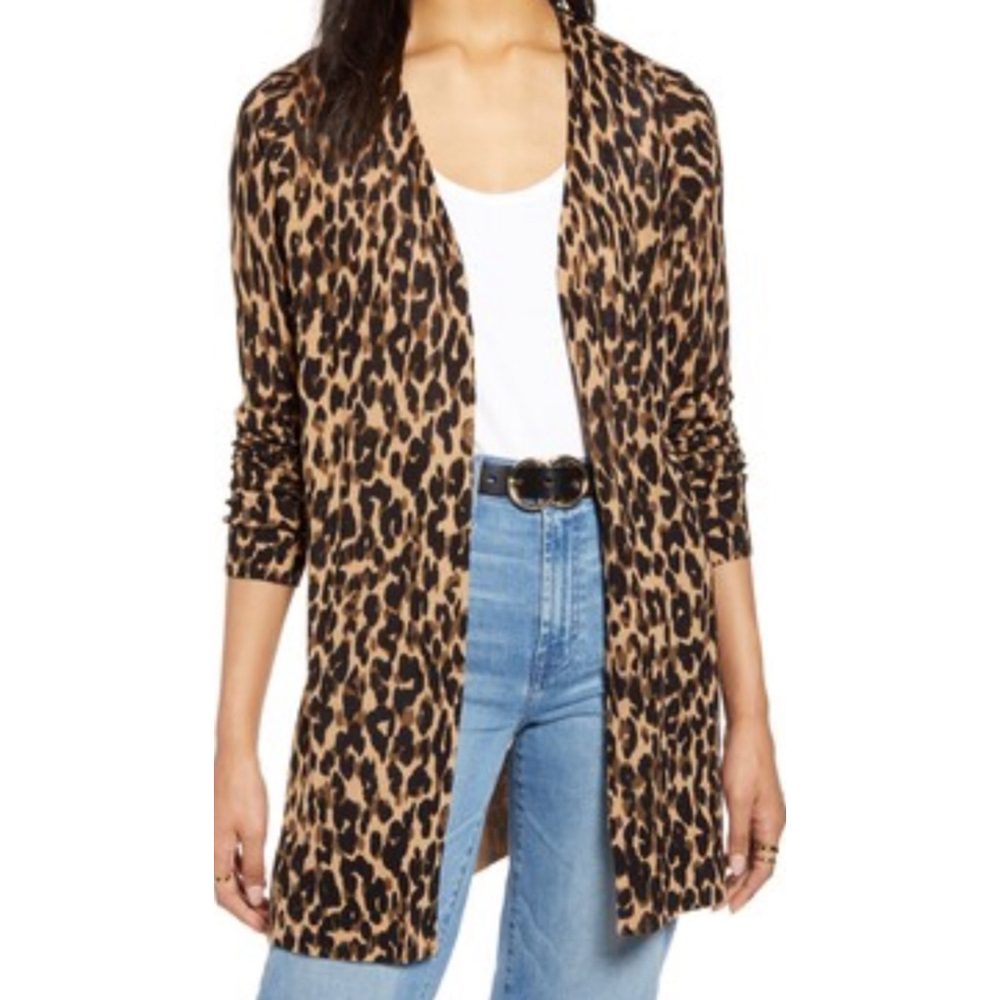 Halogen Linen Blend Cardigan Size XS Brown Leopard Print